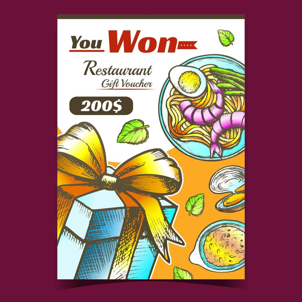 Won Restaurant Gift Voucher Gift Box Poster Vector