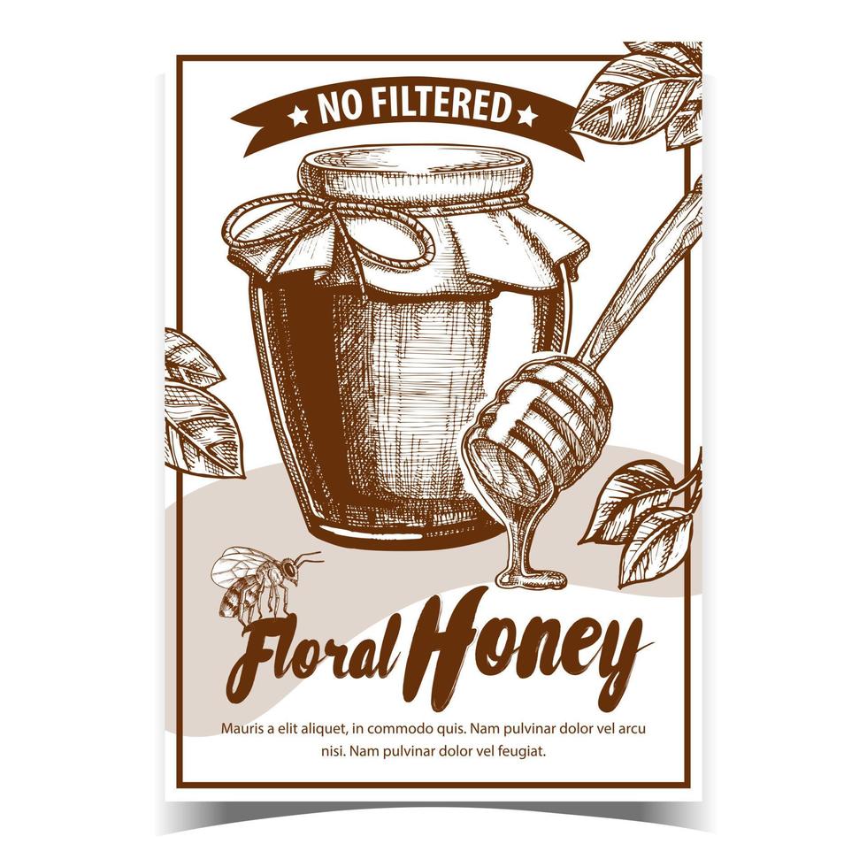 Honey In Bottle And Wooden Stick Poster Vector