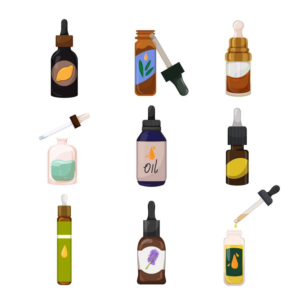 conjunto de iconos de dibujos animados esenciales de aceite de fragancia vector