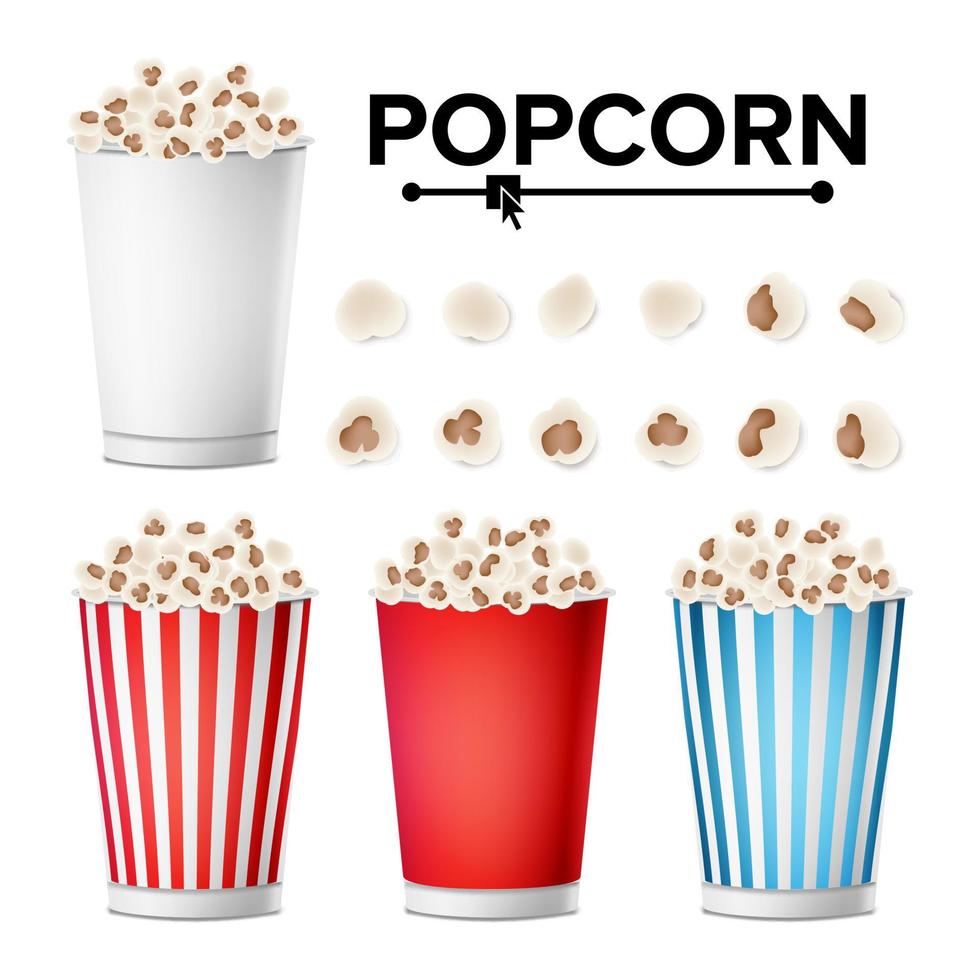 Popcorn Cup Set Vector. Realistic Classic Cup Full Of Popcorn. For Cinema, Movie, Film, Food, Theater Design. Isolated Illustration vector