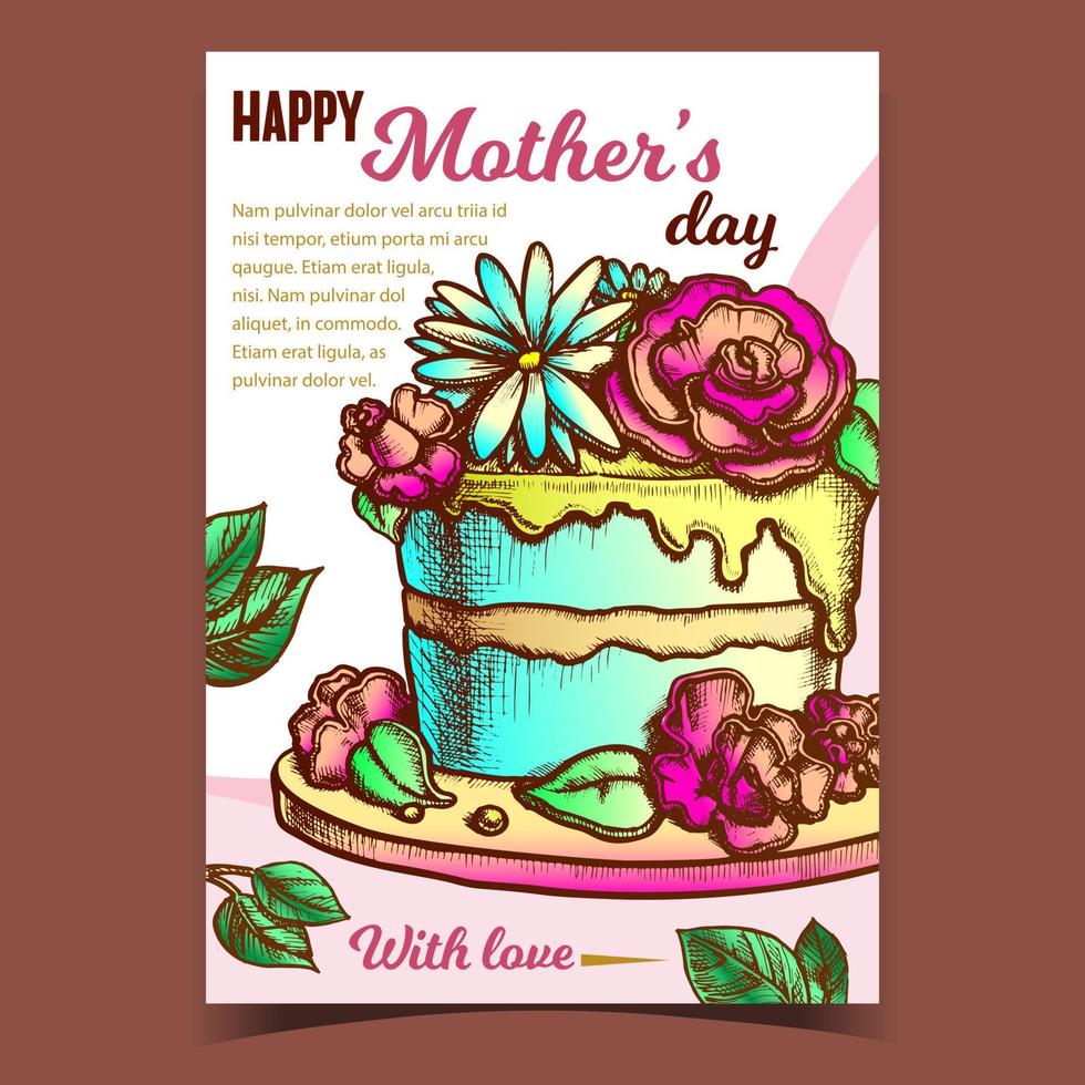 Cake With Flowers For Mother Day Banner Vector