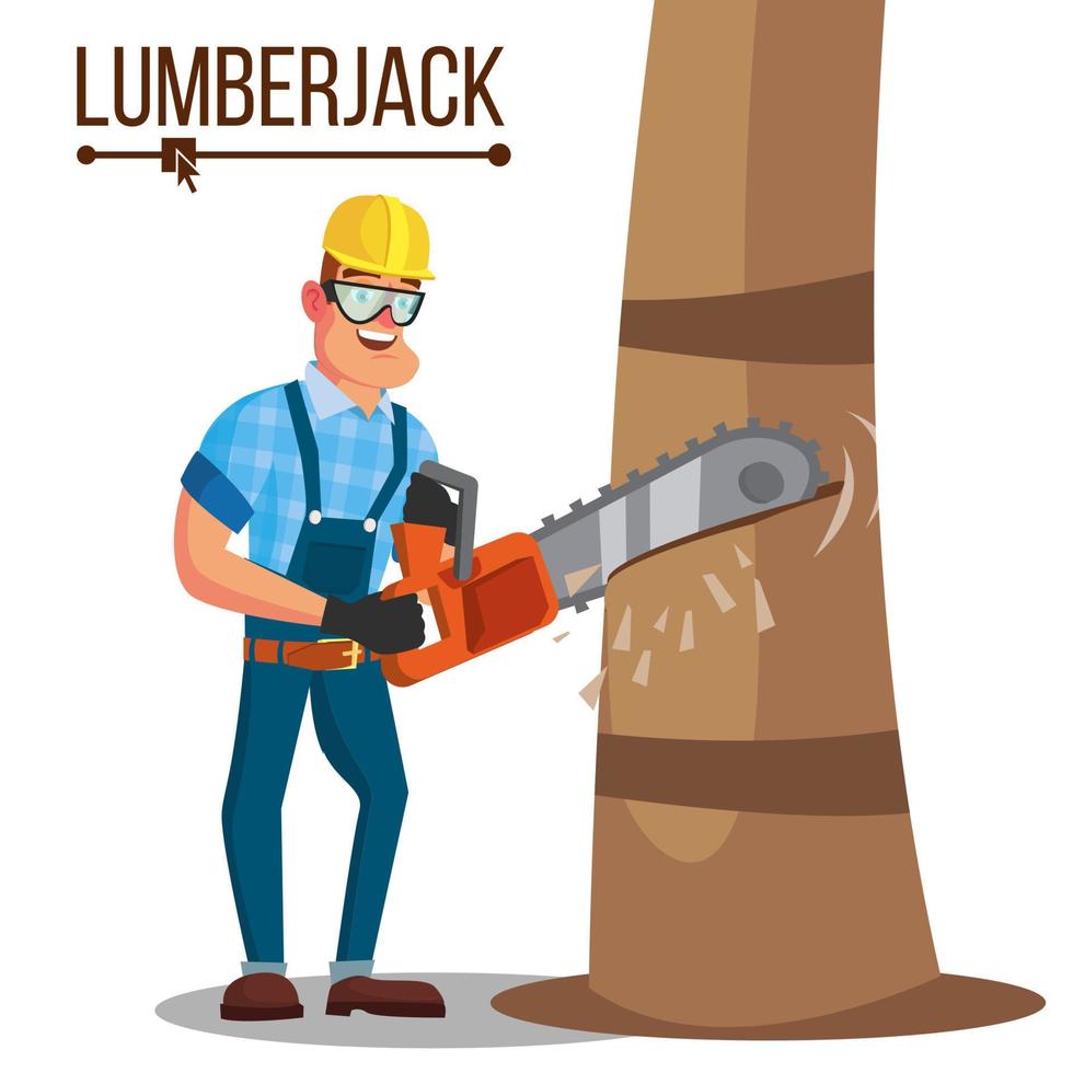 Lumberjack Vector. Classic Logger Man Working With Hand Chainsaw. Isolated Cartoon Flat Character Illustration vector