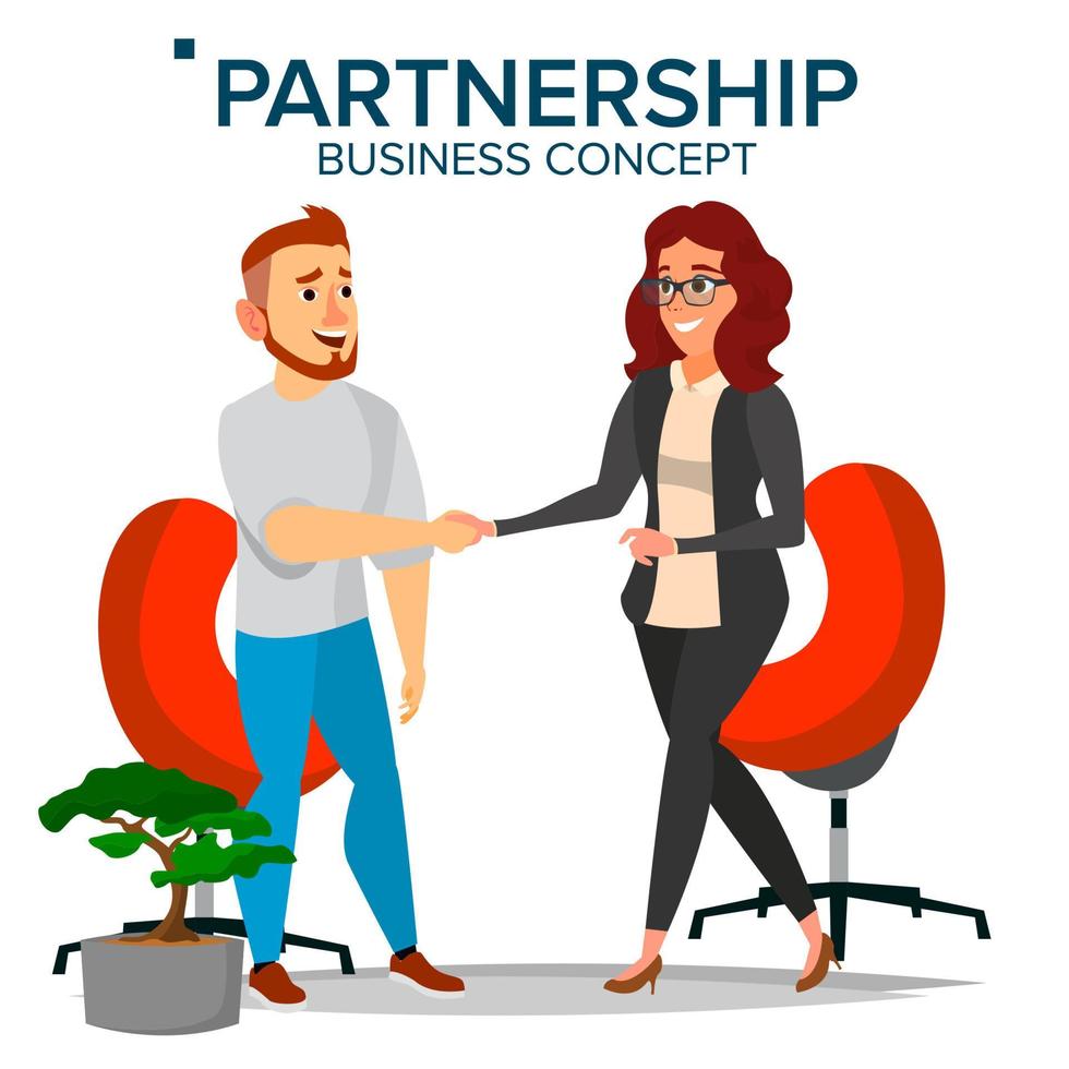 Business Partnership Concept Vector. Business Man And Business Woman. Greeting Shake. Company Cooperation Concept. Isolated Flat Cartoon Illustration vector