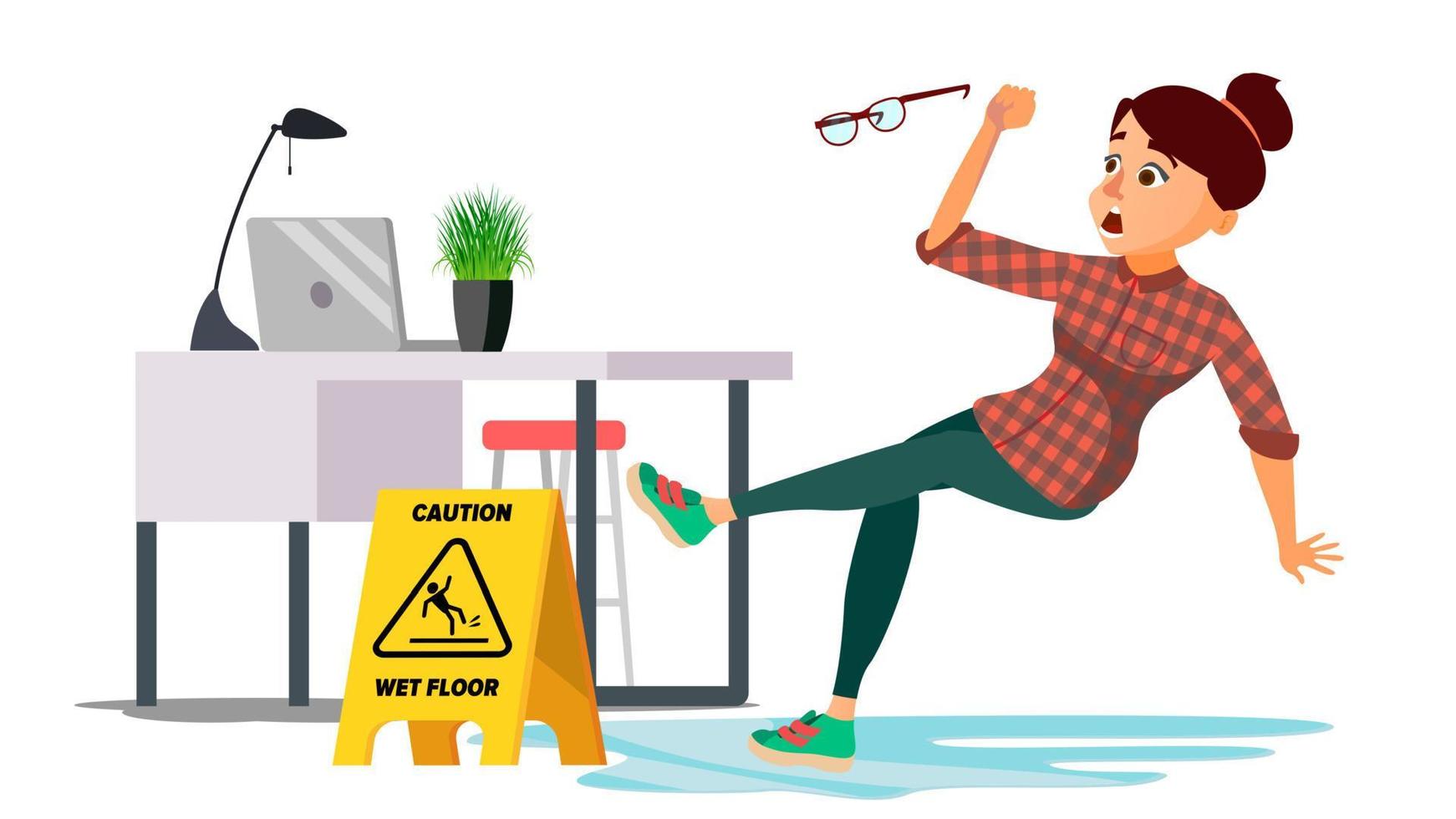 Woman Slips On Wet Floor Vector. Caution Sign. Isolated Flat Cartoon Character Illustration vector