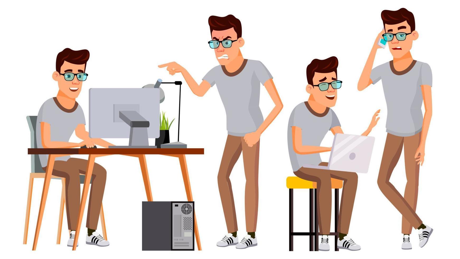 Office Worker Vector. Face Emotions, Gestures. Set. Business Man. Professional Cabinet Workman, Officer, Clerk. Isolated Cartoon Character Illustration vector