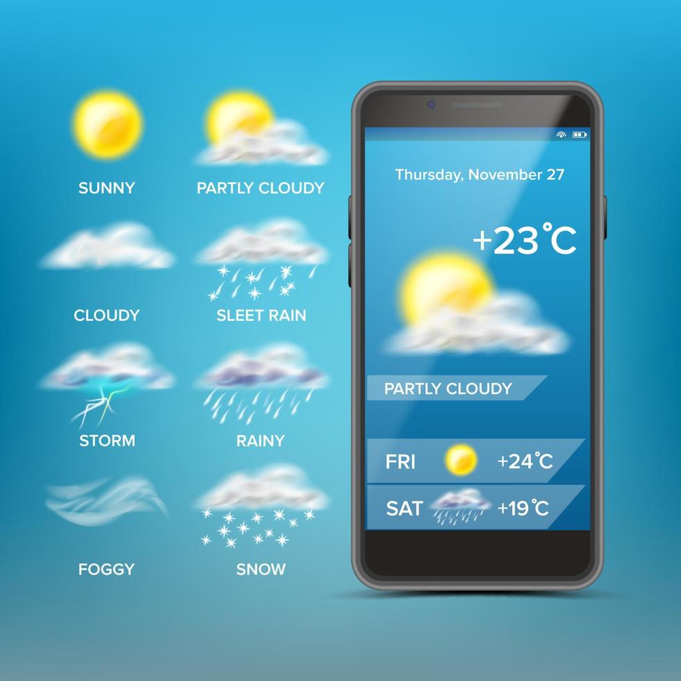 vector de aplicación de pronóstico del tiempo. bueno para usar en la aplicación de teléfono móvil. predecir el estado de la atmósfera para un lugar determinado. ilustración