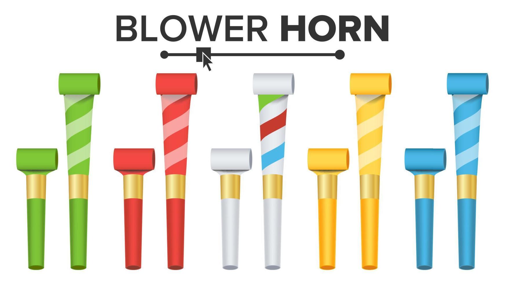 Party Horn Set Vector. Color Penny Whistle. Top View. Isolated On White Illustration vector