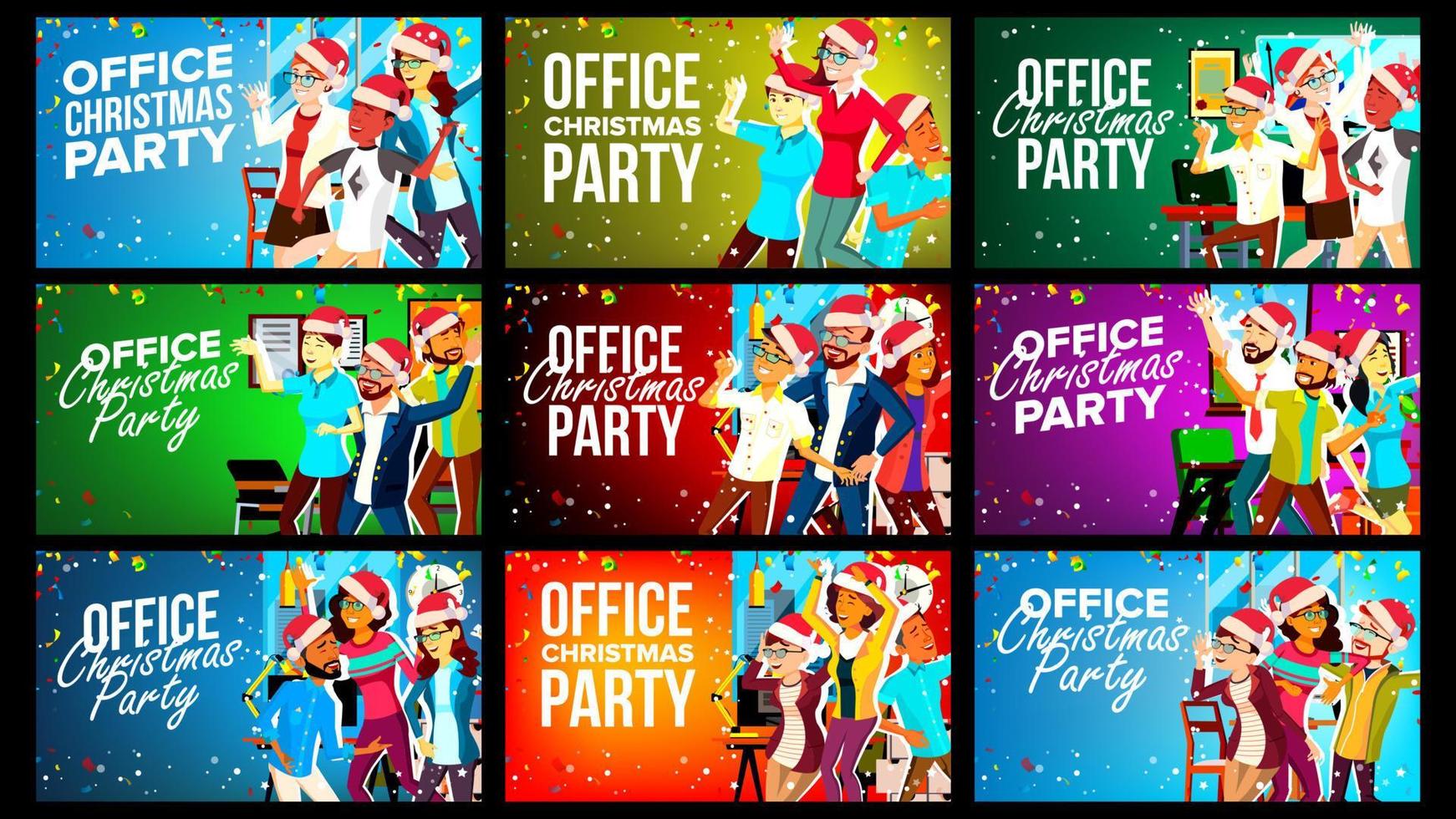 Office Christmas Party Banner Set Vector. Celebrating. Merry Christmas And Happy New Year. Having Fun. Mixed Race. Santa Hats. Friends In Office. Businesspeople Team Having Fun. Cartoon Illustration vector