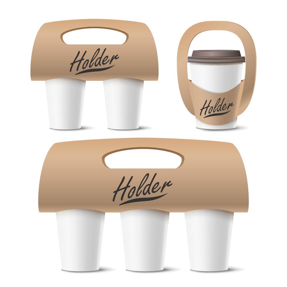 Coffee Cups Holder Set Vector. Realistic Mockup. Empty Packaging For Carrying. One, Two, Three Cups. Hot Drink. Take Away Cafe Coffee Cups Holder Mockup. Isolated Illustration vector