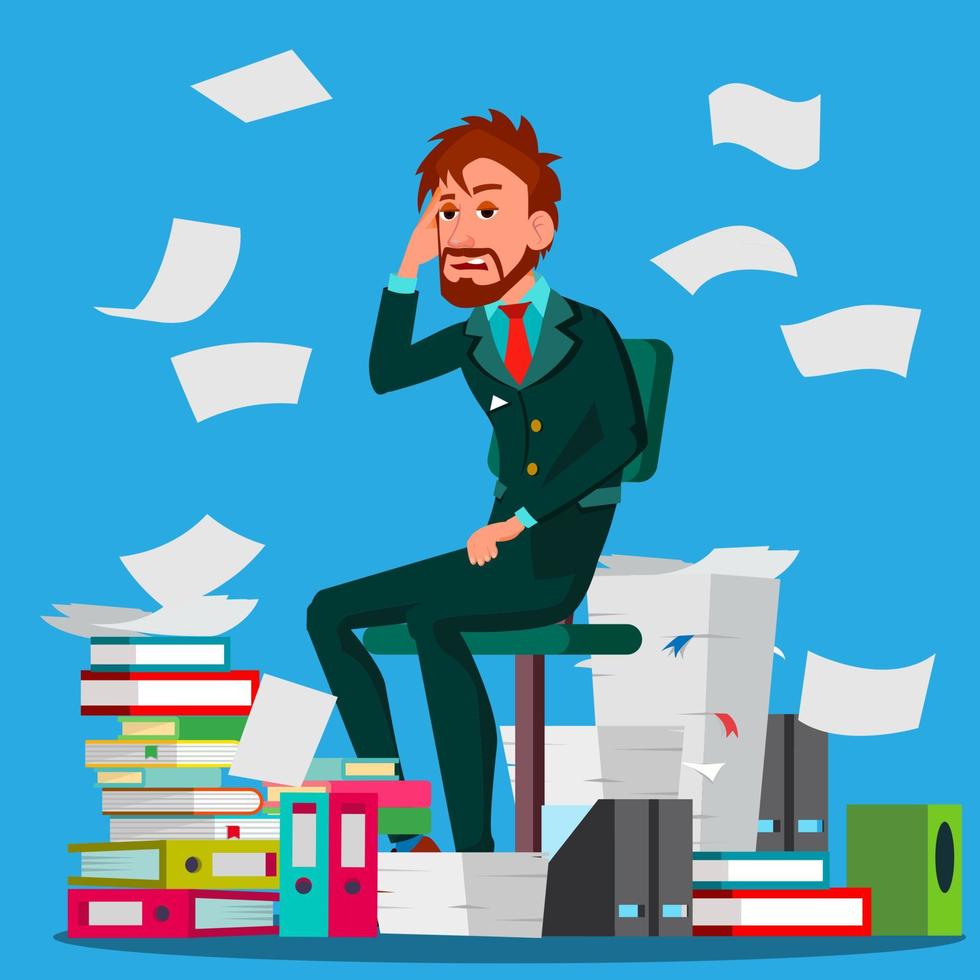 Businessman Doing Paperwork Vector. Office Worker. Emotional Stress. Large Stacks Of Folders. Cluttered Documentation. Flat Cartoon Illustration vector