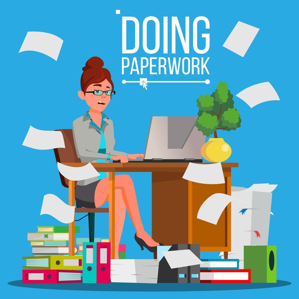 Business Woman Doing Paperwork Vector. Office Worker. Overloaded. Stressful. File Folders. Depressed Busy Person. Flat Cartoon Illustration vector