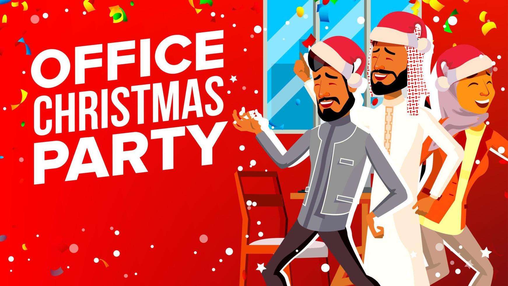 Office Christmas Party Vector. Celebrating New Year. Group People In Santa Hat. Cartoon Illustration vector