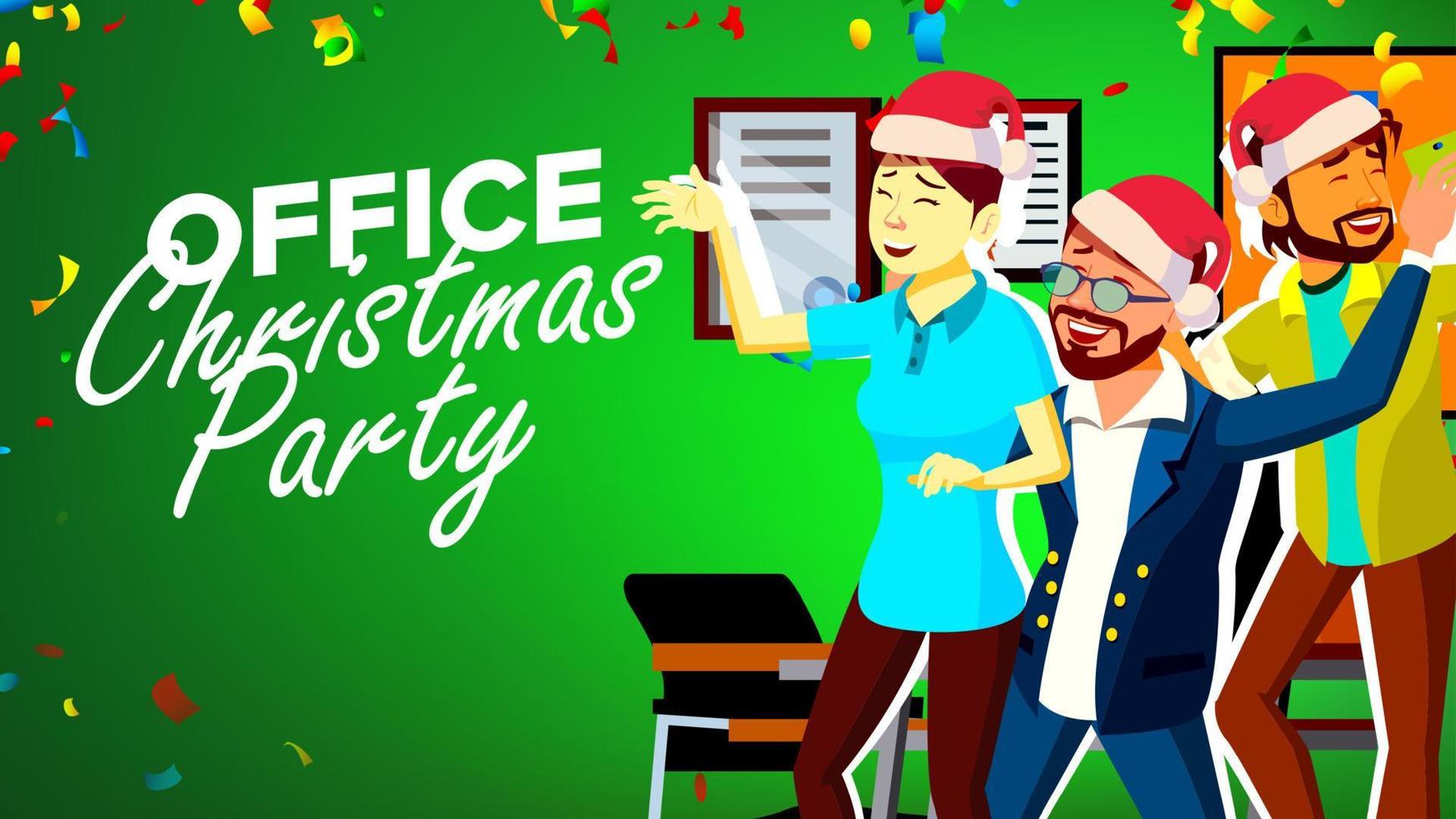 fiesta de navidad en vector de oficina. sombreros de año nuevo. divirtiéndose. gente de negocios feliz. ilustración de dibujos animados