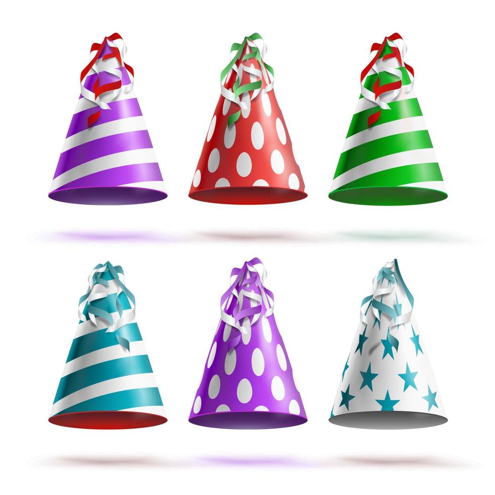 Party Hat Set Vector. Realistic Festive, Birthday Caps. Accessory Holiday Isolated Illustration. vector