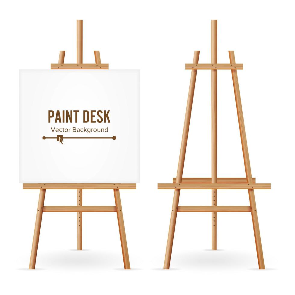Paint Desk Vector. Wooden Easel Template With White Paper. Isolated On White Background. Realistic Painter Desk Set. Blank Space For Web Design. vector