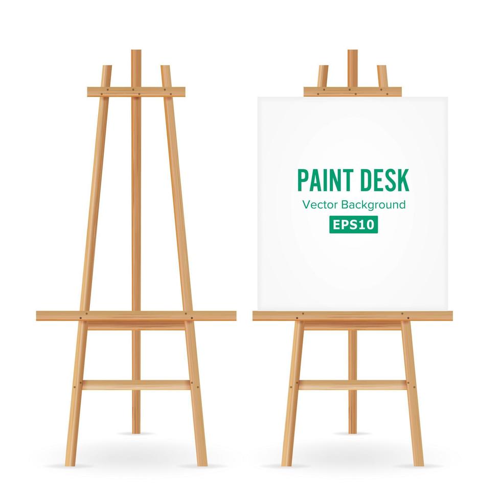 Paint Desk Vector. Artist Easel Set With White Paper. Isolated On White Background. Realistic Painter Desk Blank Canvas On painting Easel. vector