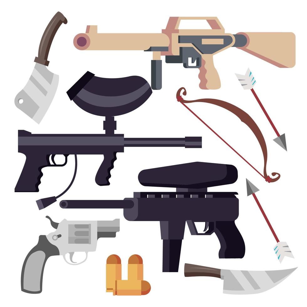 vector conjunto de armas. iconos de armas. pistola, escopeta, cuchillo, arco. ilustración aislada de dibujos animados