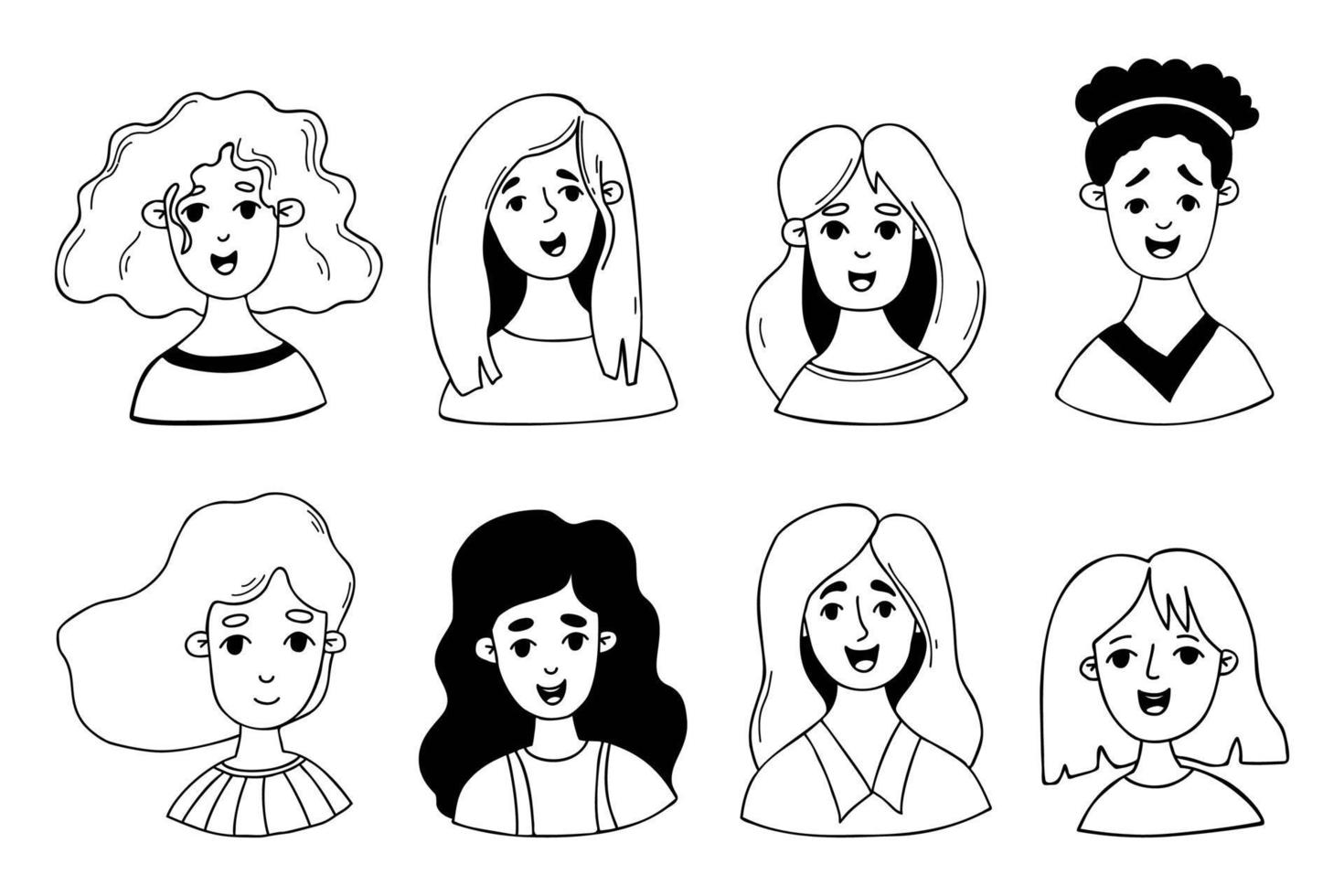 Collection cute female cartoon faces. Isolated vector doodle faces portraits of women and girls for use as icons, avatars for social networks, design.