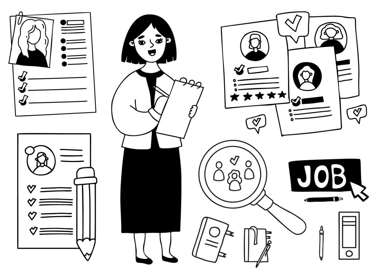 Collection business and job. Business woman selects resumes, questionnaires, considers job applicants, documents and stationery. Vector outline drawing. isolated doodle.