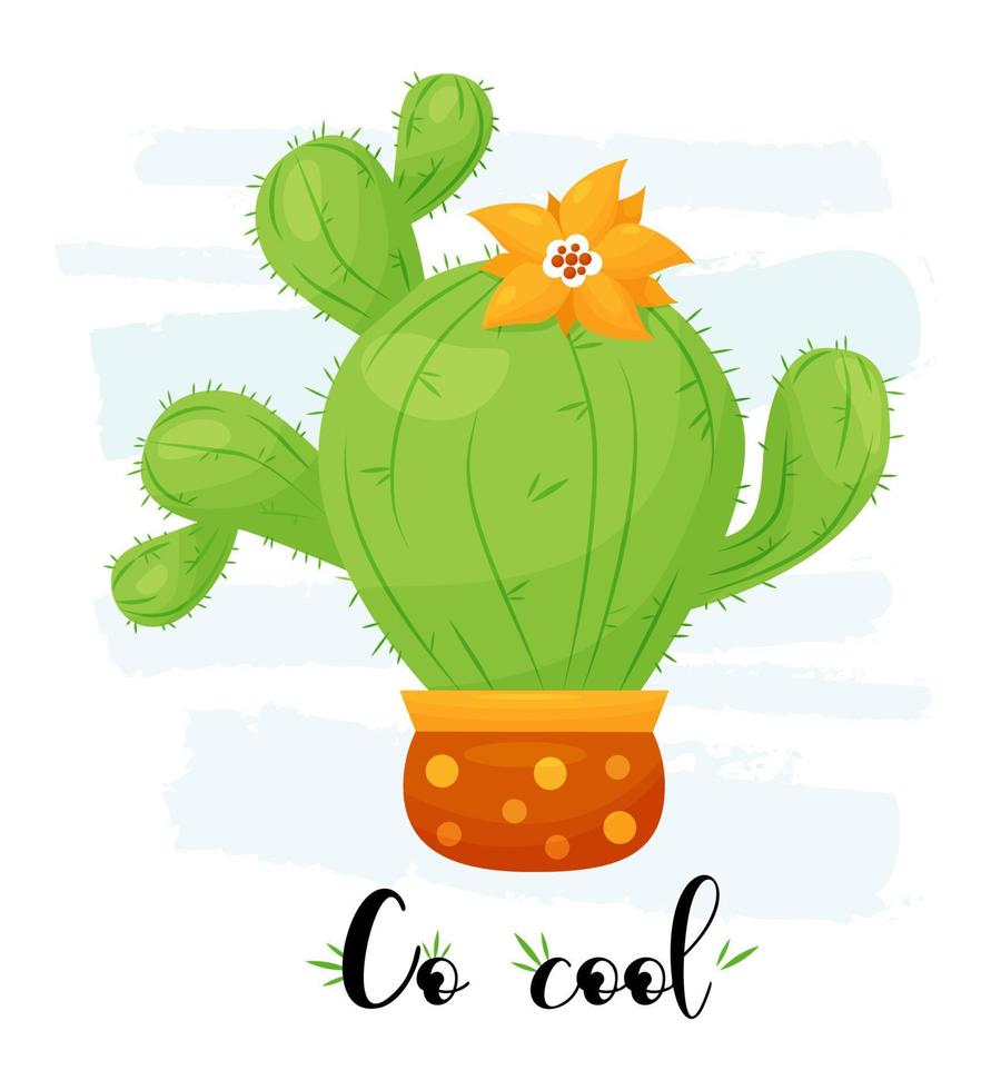 Indoor plant flowerpot. Prickly green tropical cactus with flower. Co cool - motivational phrase. Vector illustration in flat style