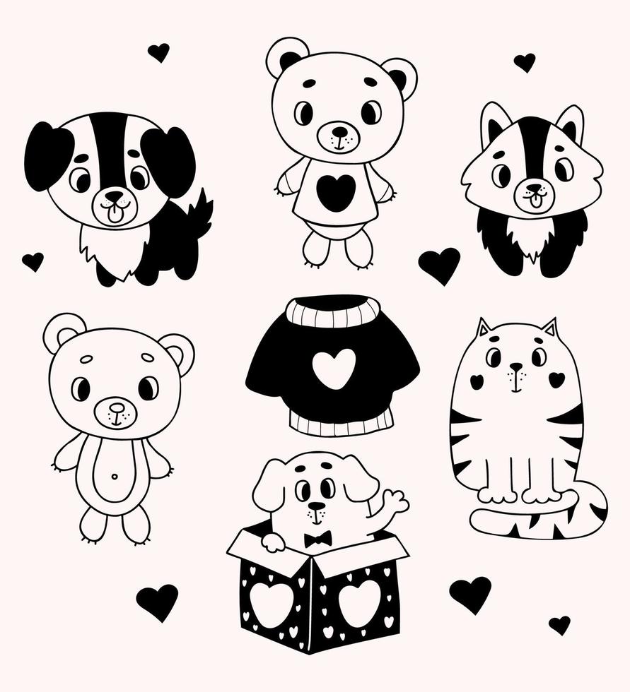 Collection romantic animals. Cute puppies, dog in box, cat and bear. Vector illustration. Isolated doodle for design and decor of valentines, love postcard, printing