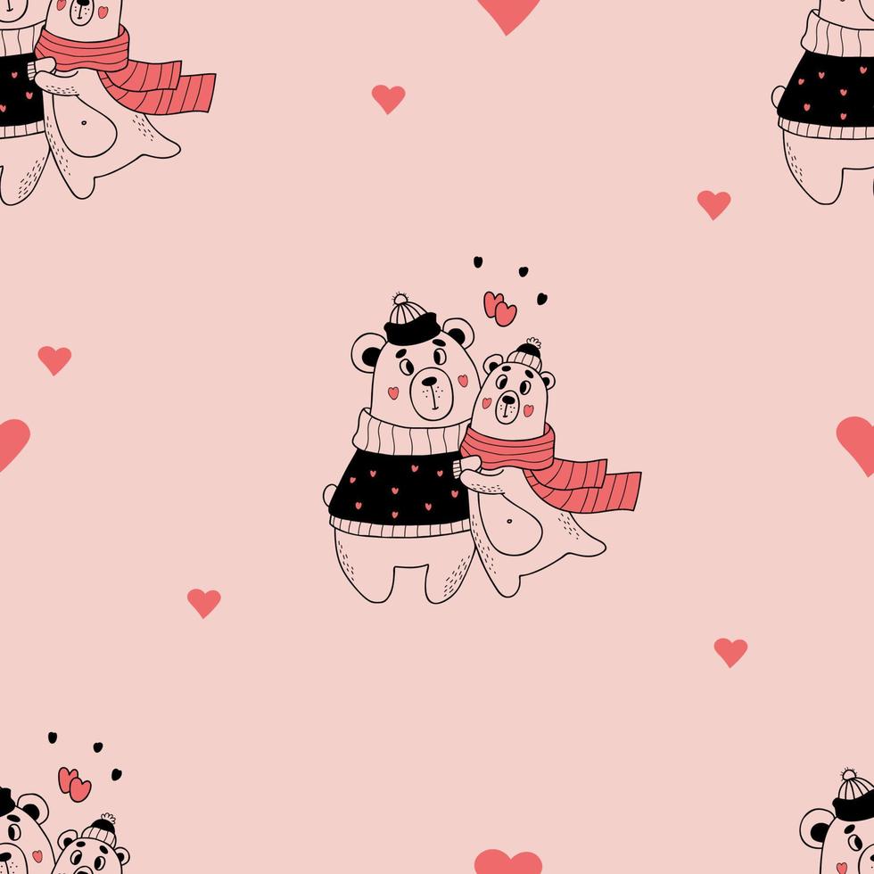 Cute seamless pattern. Romantic enamored hugging bears on pink background with hearts. Vector illustration in doodle style. Endless background for valentines, wallpapers, packaging, print.