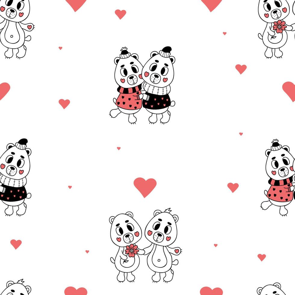 Love seamless pattern. Cute romantic bears on white background with hearts. Vector illustration in doodle style. Endless background for valentines, wallpapers, packaging, print.