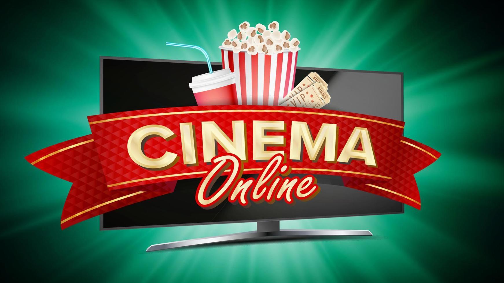 Online Cinema Banner Vector. Realistic Computer Monitor. Movie Brochure Design. Template Banner For Movie Premiere, Show. Marketing Luxury Poster Illustration. vector