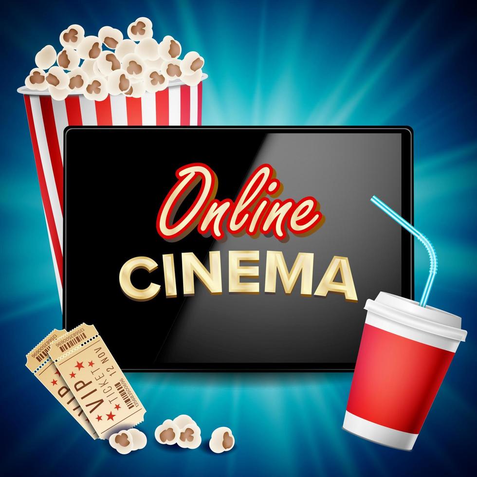 vector de banner de cine en línea. tableta realista. palomitas de maíz, bebida, tablero de palmas. cartelera, ilustración de lujo de marketing.