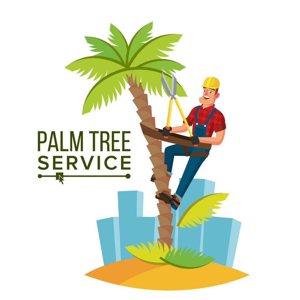 Palm Tree Trimming Vector. Trimming Tree Or Removal To Tree Pruning. Cartoon Character Illustration vector