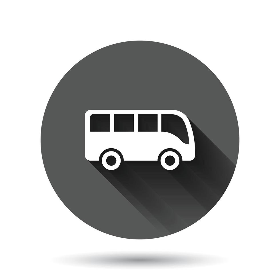 Bus icon in flat style. Coach vector illustration on black round background with long shadow effect. Autobus vehicle circle button business concept.