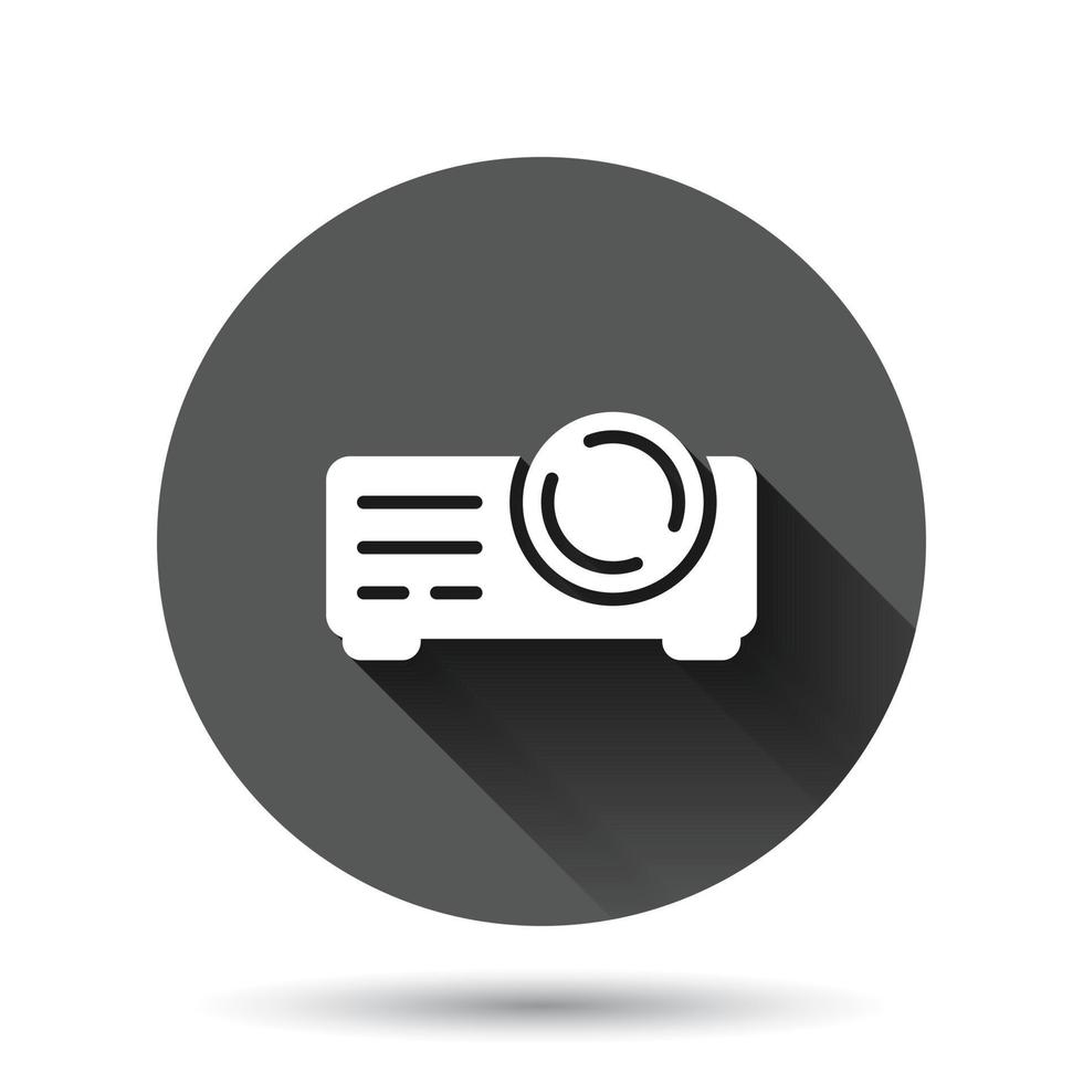 Video projector sign icon in flat style. Cinema presentation device vector illustration on black round background with long shadow effect. Conference circle button business concept.
