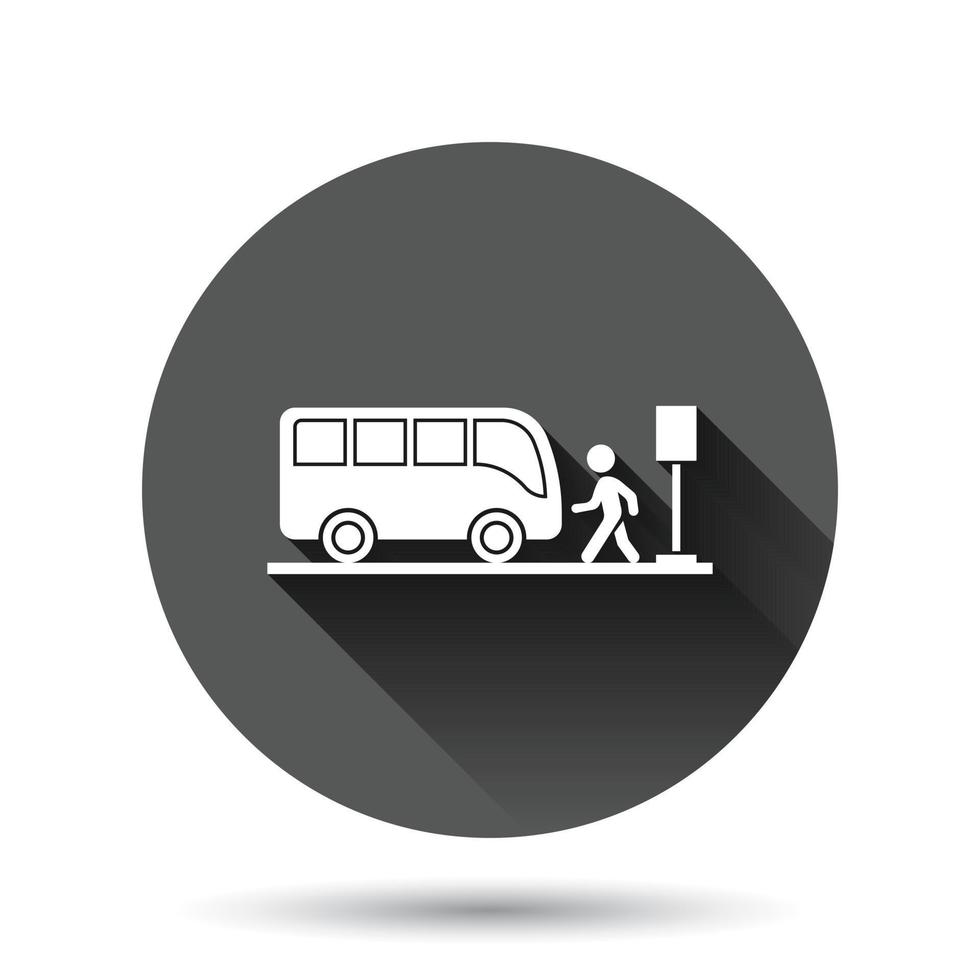 Bus station icon in flat style. Auto stop vector illustration on black round background with long shadow effect. Autobus vehicle circle button business concept.