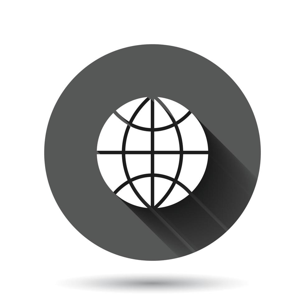 Earth planet icon in flat style. Globe geographic vector illustration on black round background with long shadow effect. Global communication circle button business concept.