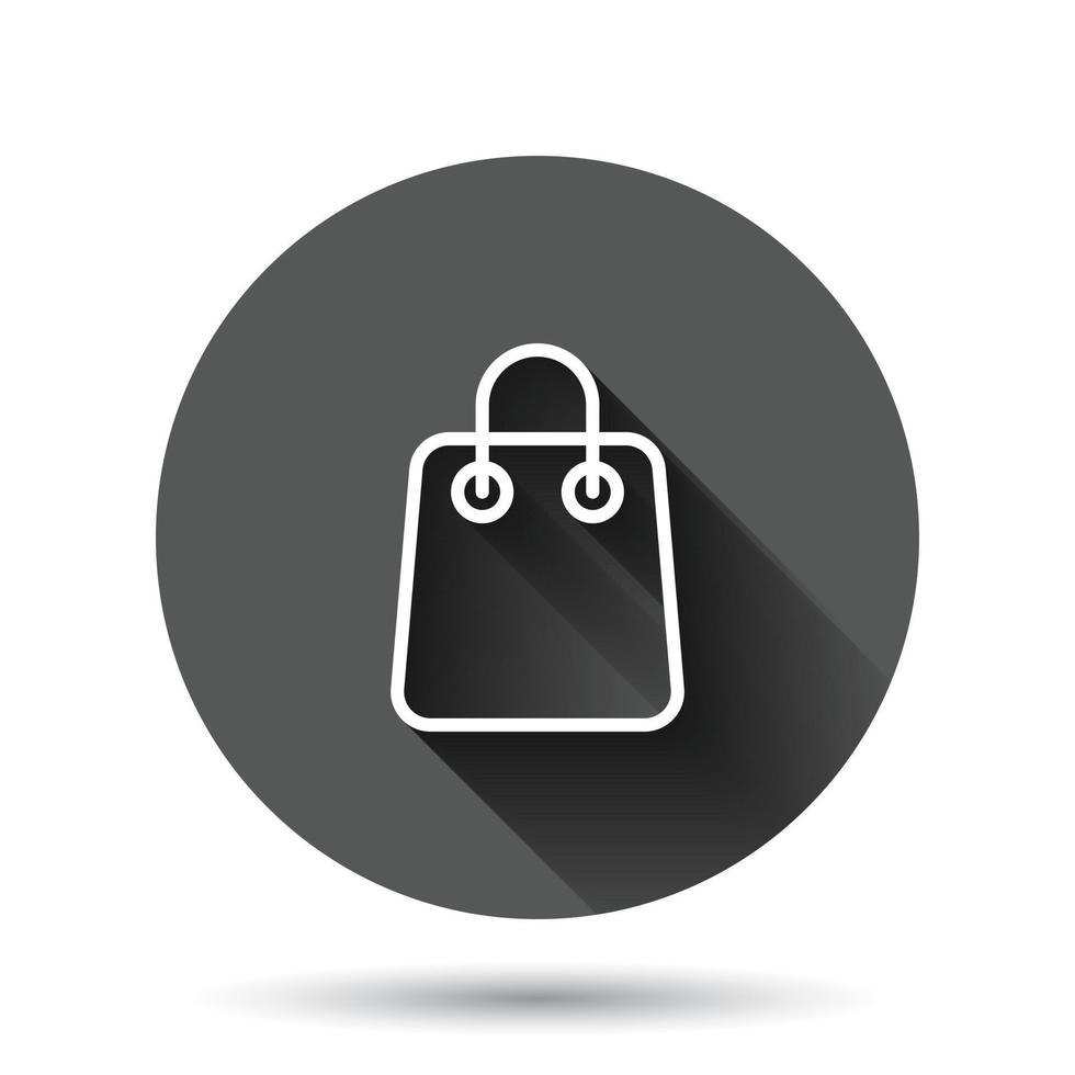 Shopping bag icon in flat style. Handbag sign vector illustration on black round background with long shadow effect. Package circle button business concept.