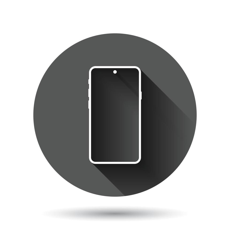 icono de pantalla en blanco del teléfono inteligente en estilo plano. ilustración de vector de teléfono móvil sobre fondo redondo negro con efecto de sombra larga. concepto de negocio de botón de círculo de teléfono.