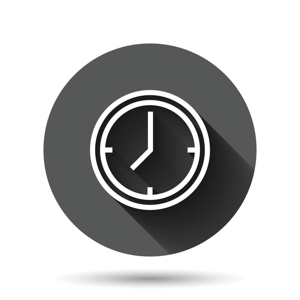 Clock icon in flat style. Watch vector illustration on black round background with long shadow effect. Timer circle button business concept.