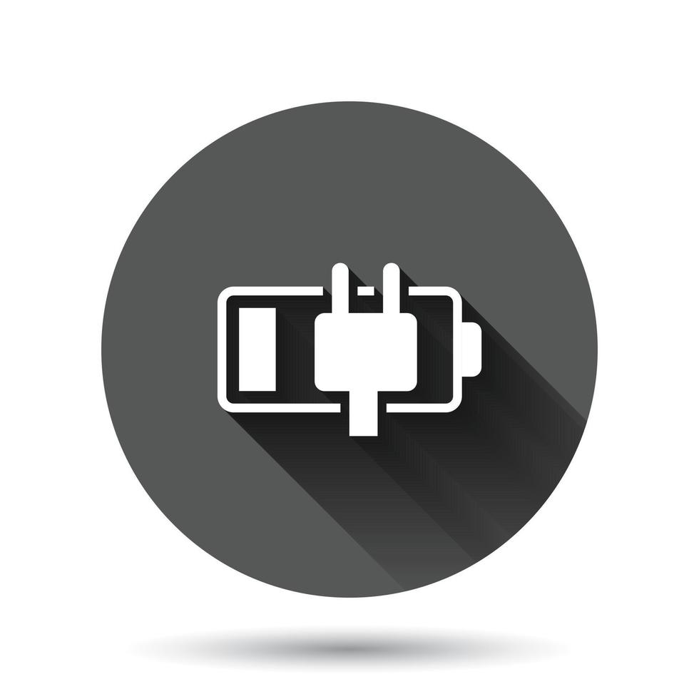 Battery charge icon in flat style. Power level vector illustration on black round background with long shadow effect. Lithium accumulator circle button business concept.
