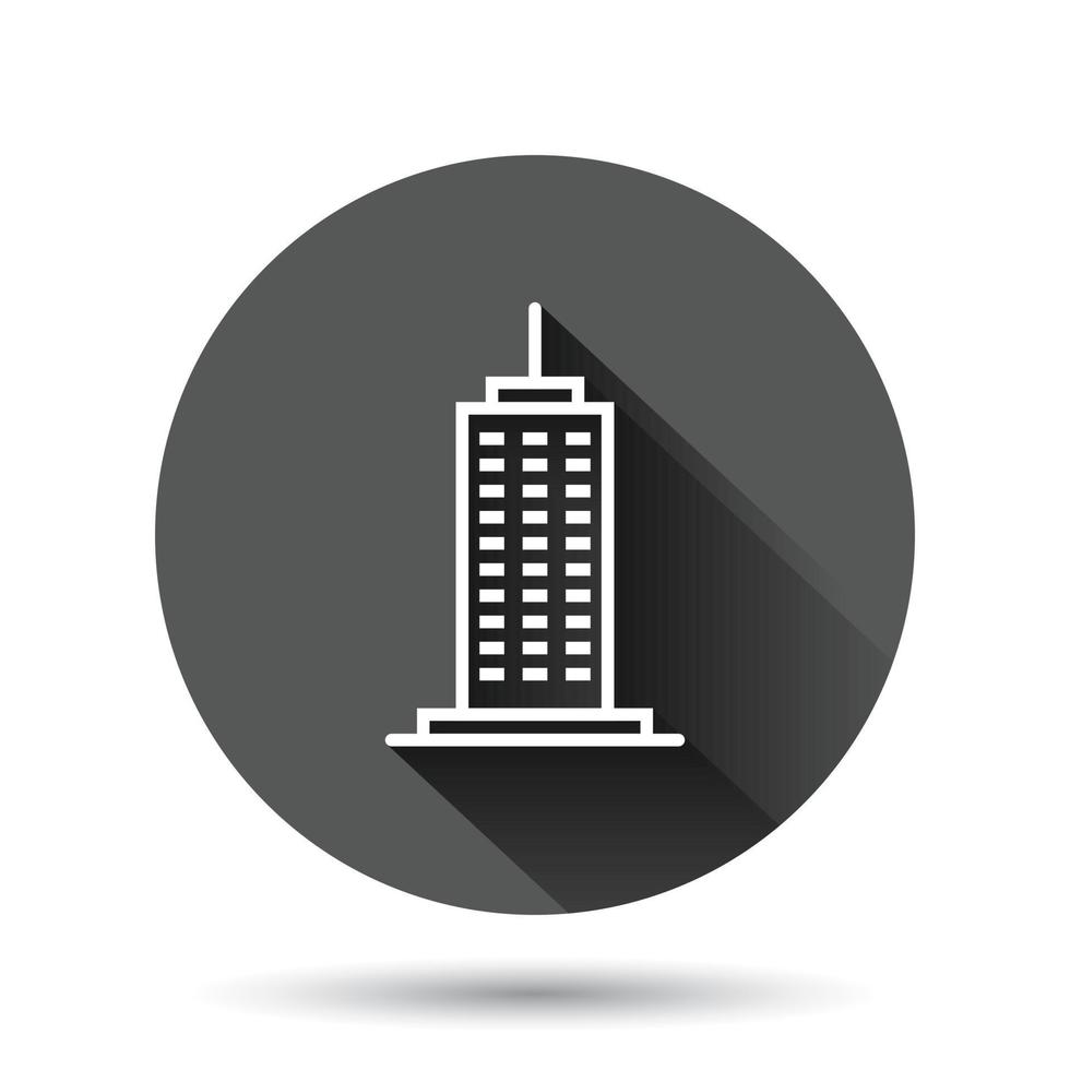 Building icon in flat style. Town skyscraper apartment vector illustration on black round background with long shadow effect. City tower circle button business concept.