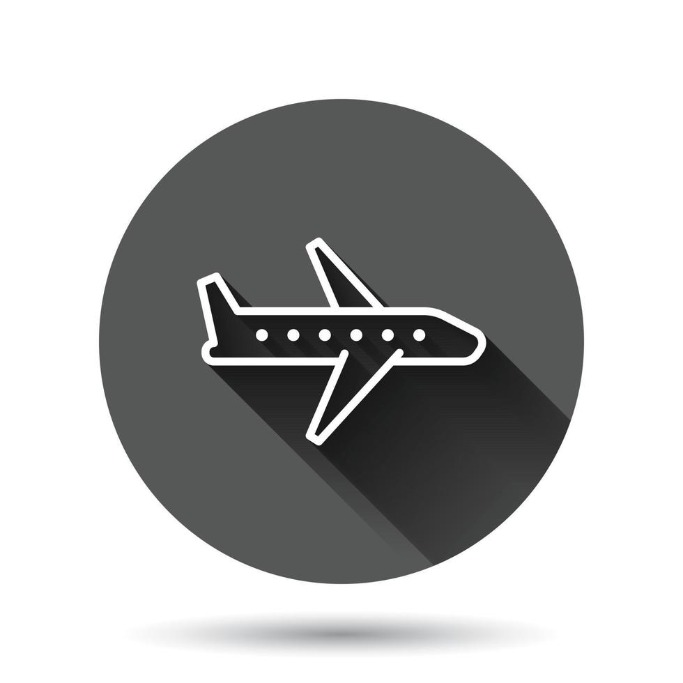 Plane icon in flat style. Airplane vector illustration on black round background with long shadow effect. Flight airliner circle button business concept.