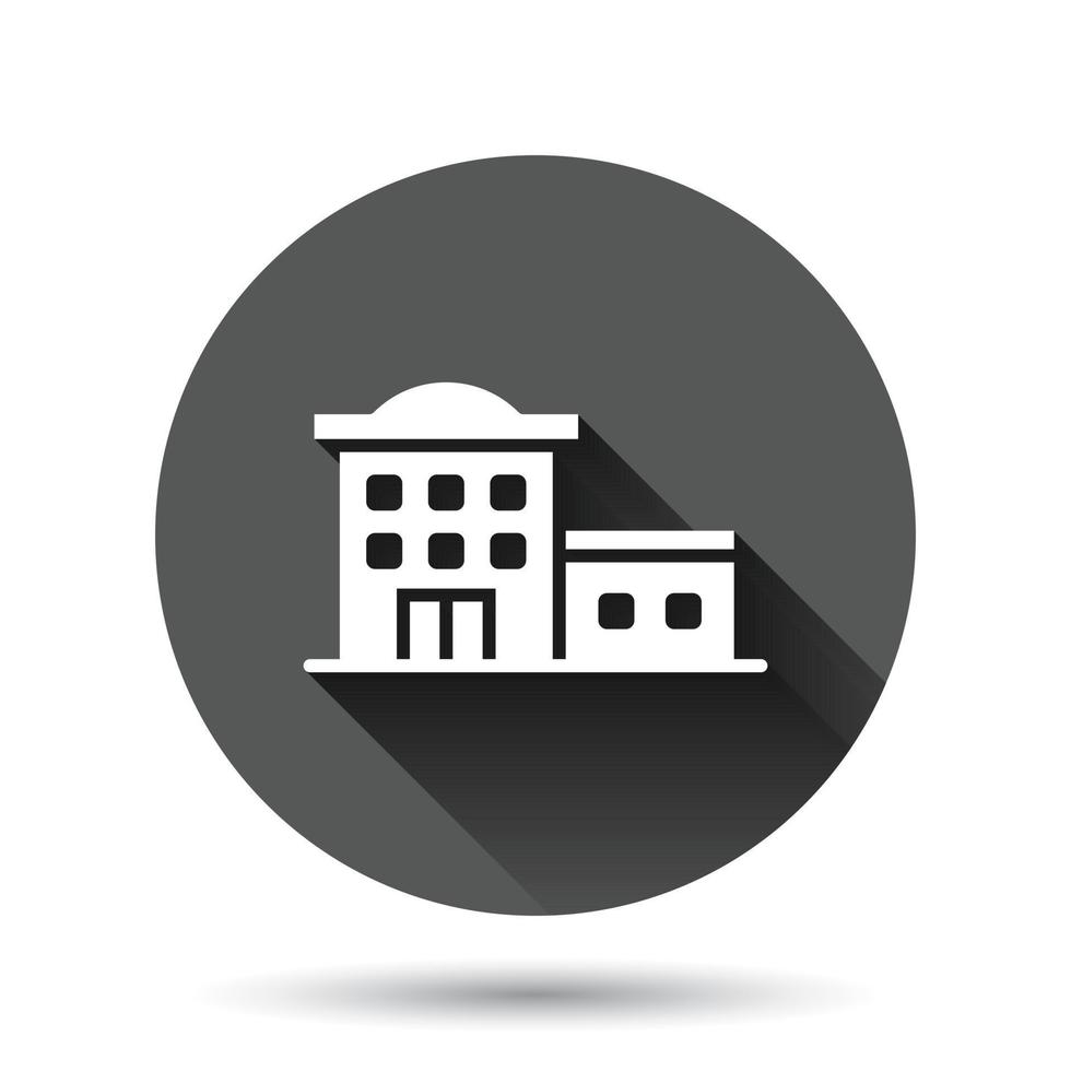 Building icon in flat style. Town skyscraper apartment vector illustration on black round background with long shadow effect. City tower circle button business concept.