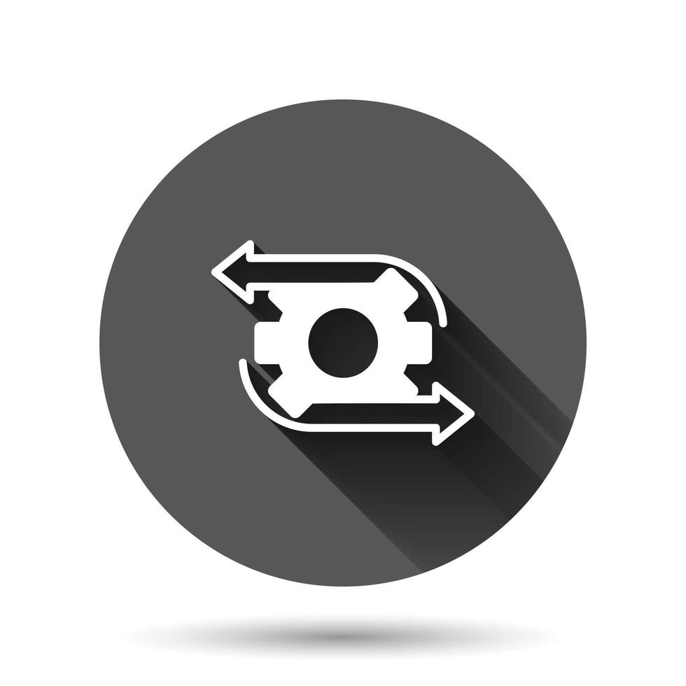 Workflow icon in flat style. Gear effective vector illustration on black round background with long shadow effect. Process organization circle button business concept.