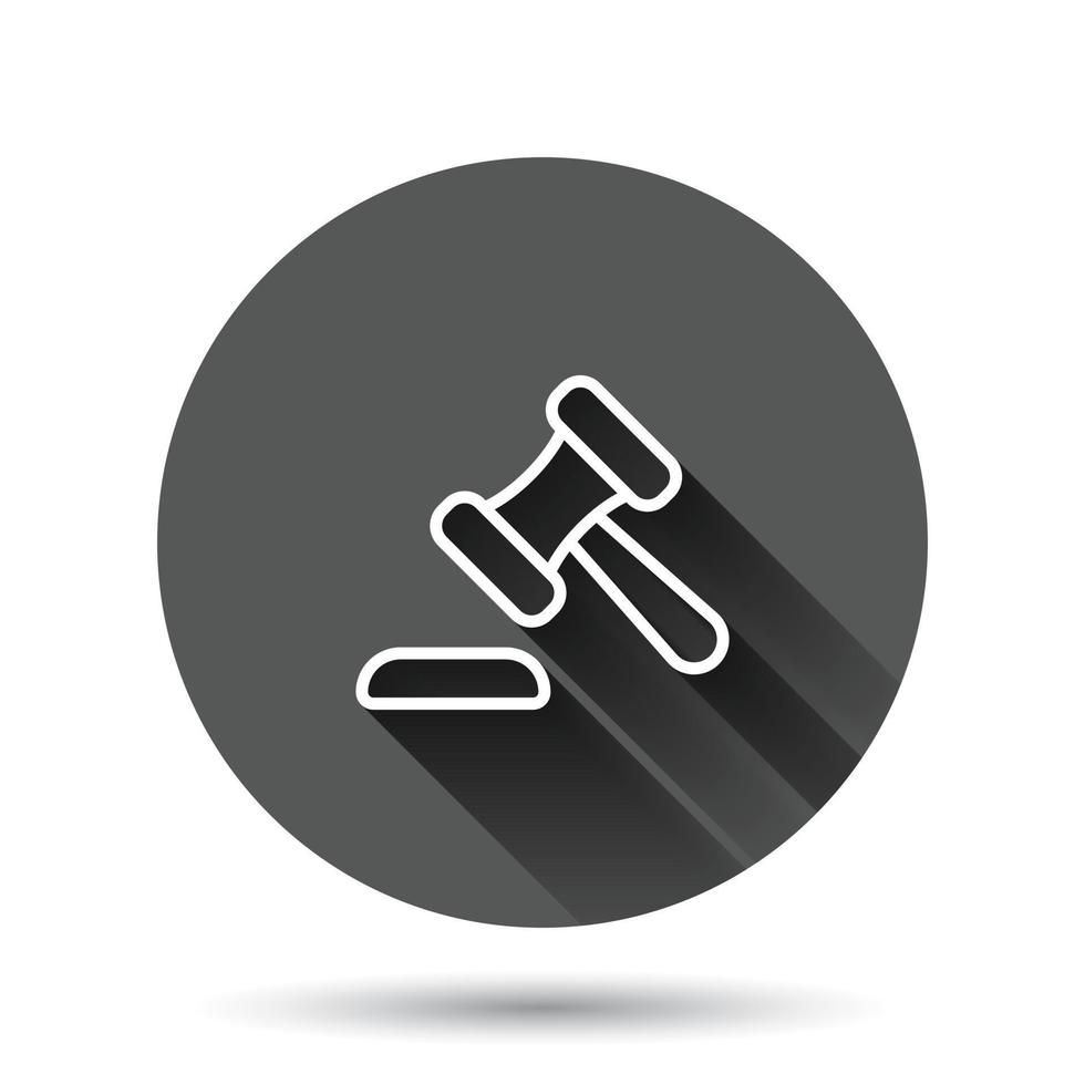 Auction hammer icon in flat style. Court sign vector illustration on black round background with long shadow effect. Tribunal circle button business concept.