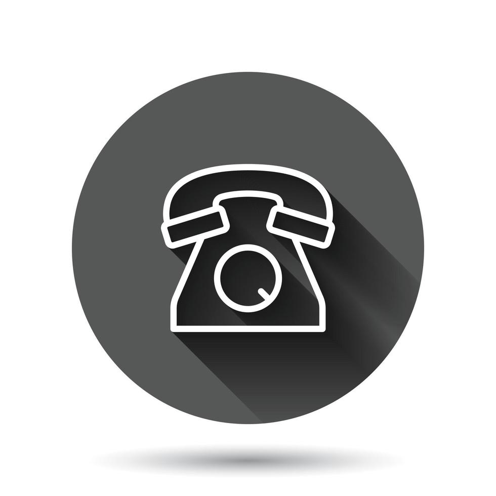 Mobile phone icon in flat style. Telephone talk vector illustration on black round background with long shadow effect. Hotline contact circle button business concept.