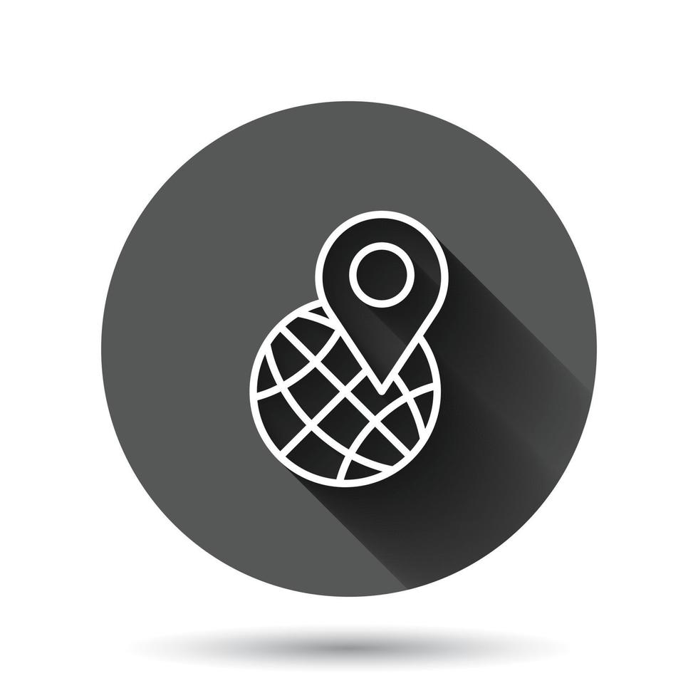 Global navigation icon in flat style. Globe pin gps vector illustration on black round background with long shadow effect. Planet direction circle button business concept.