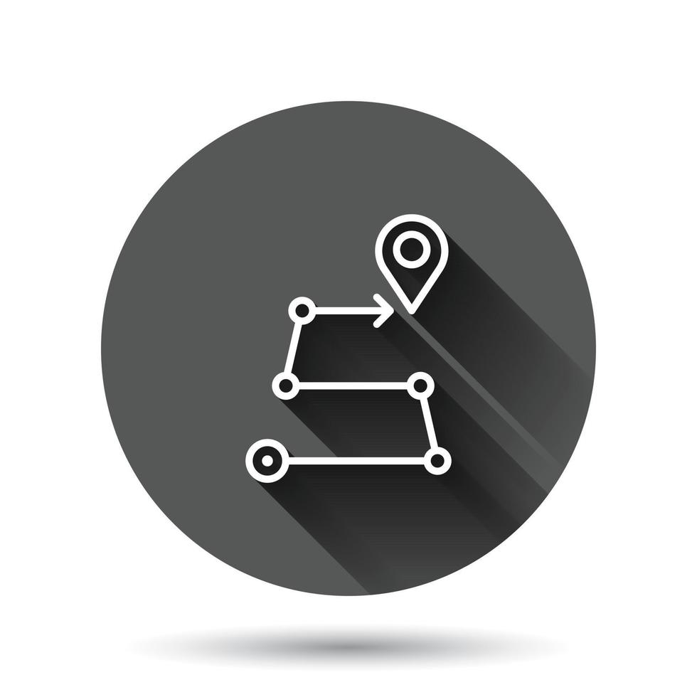 Map pin icon in flat style. gps navigation vector illustration on black round background with long shadow effect. Locate position circle button business concept.