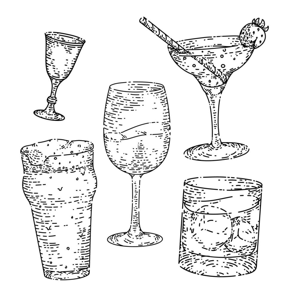 vaso de bebida conjunto boceto dibujado a mano vector