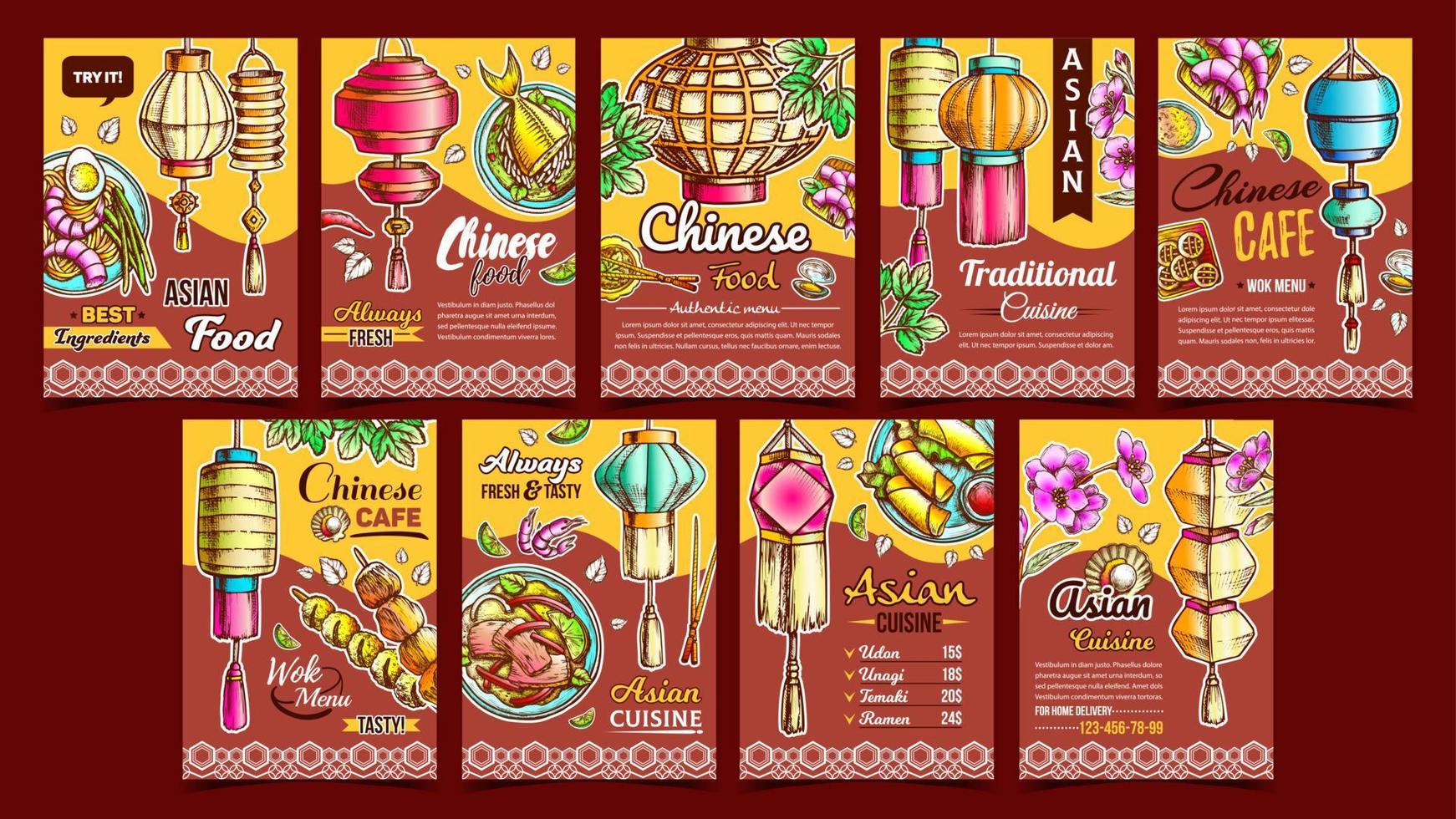 comida china café publicidad carteles conjunto vector