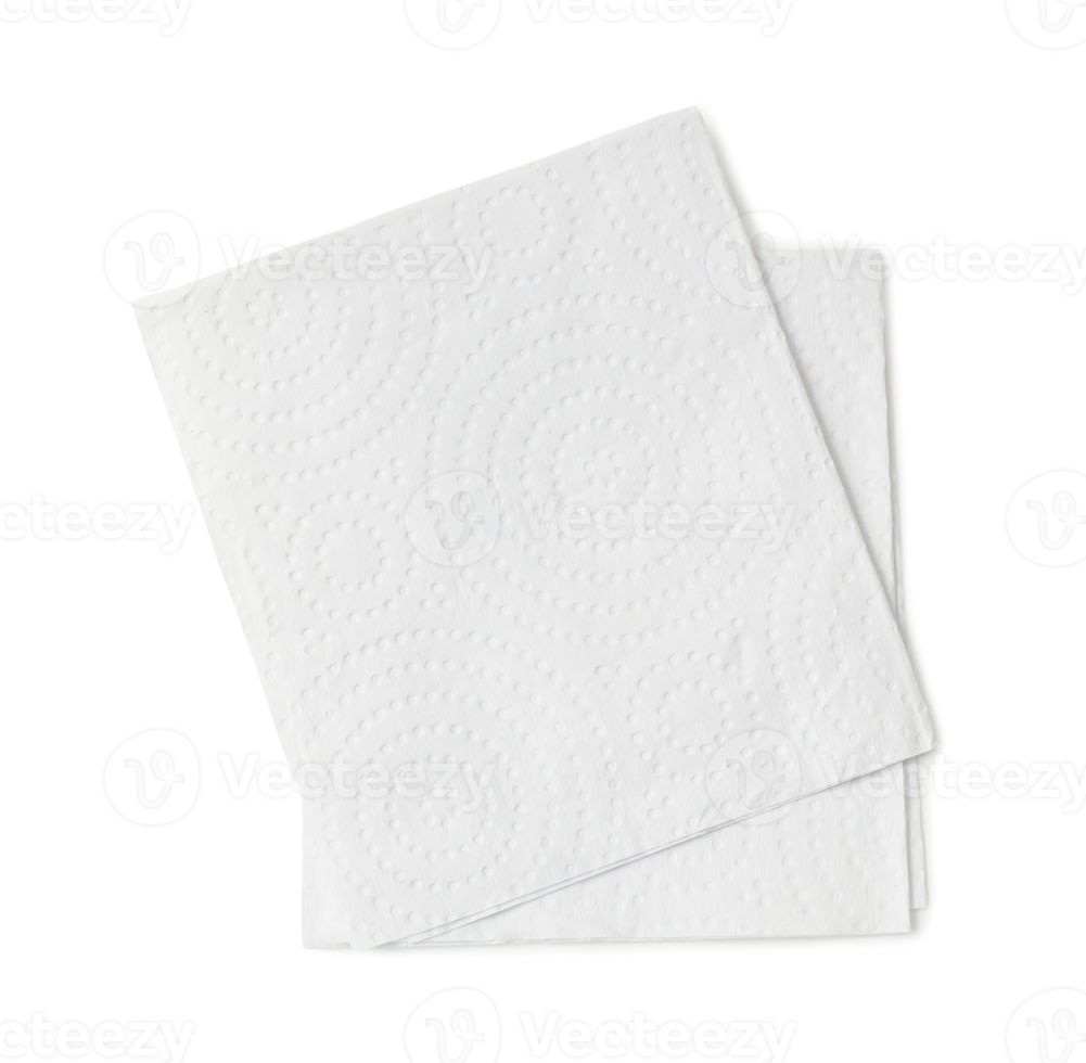 Two folded pieces of white tissue paper or napkin in stack tidily prepared for use in toilet or restroom isolated on white background with clipping path and shadow in png file format