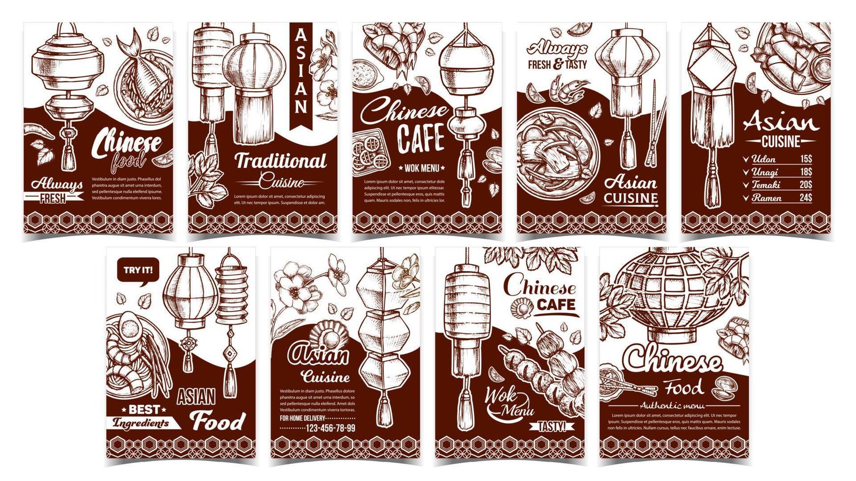 Chinese Food Cafe Advertising Posters Set Vector